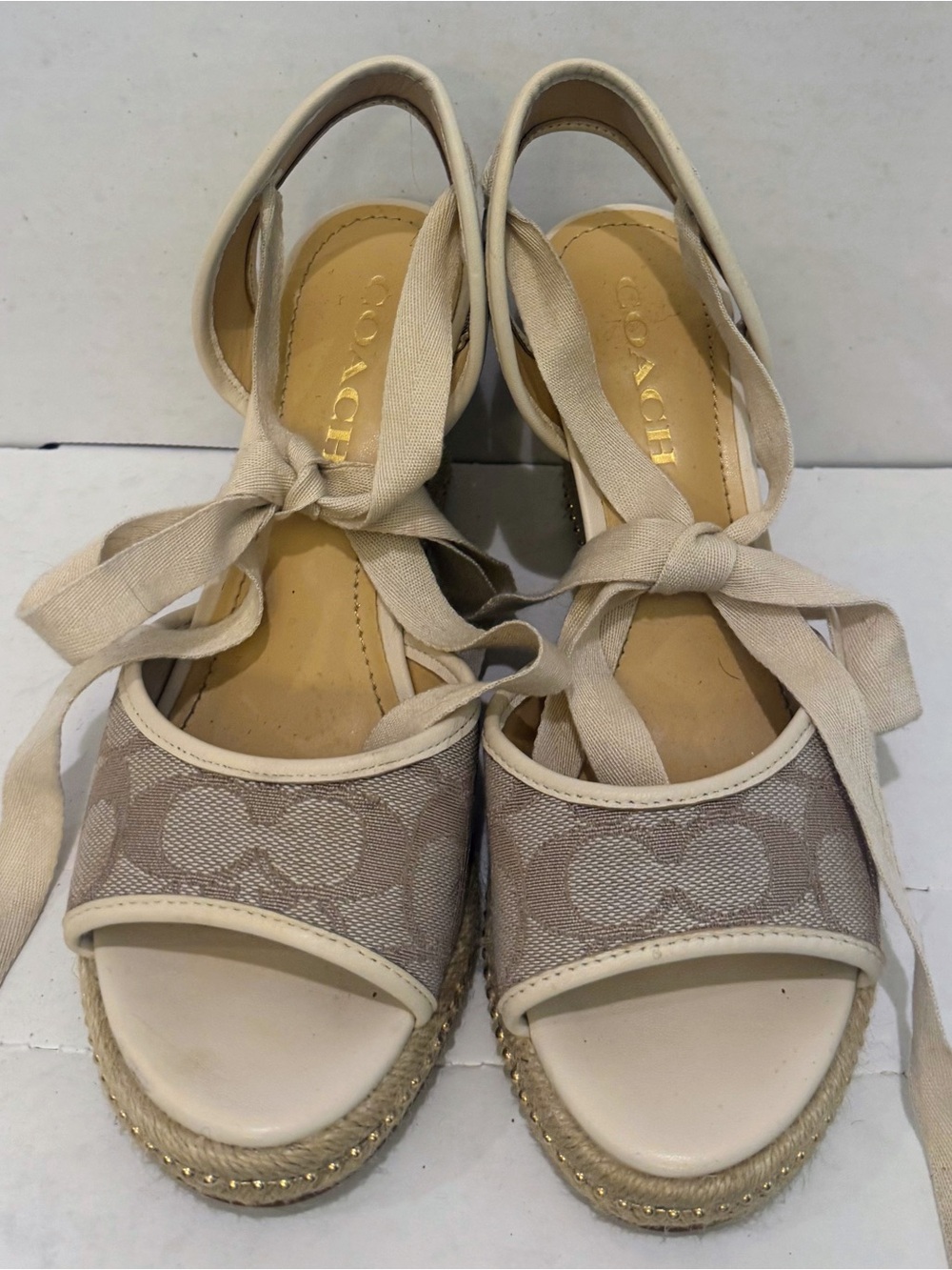 Coach Beige Canvas Logo Espadrille Sandals with Tie Ankle - Picture 3 of 14